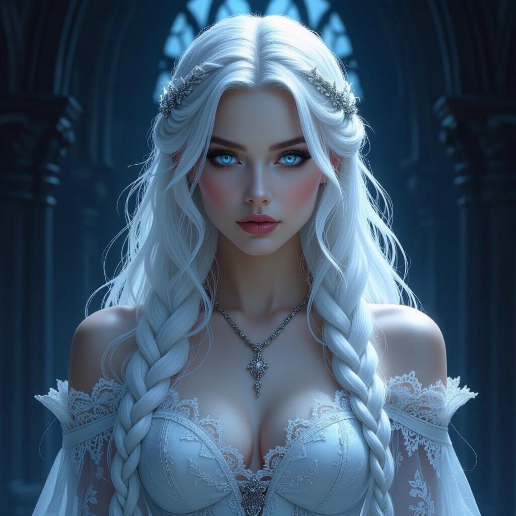 Gothic Goddess with Silver Braids in Dark Cathedral