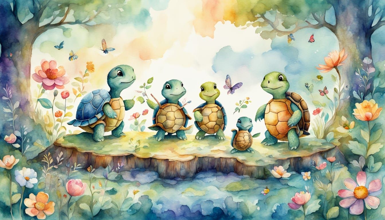 Singing Turtles in Sunny Meadow, Watercolor Illustration
