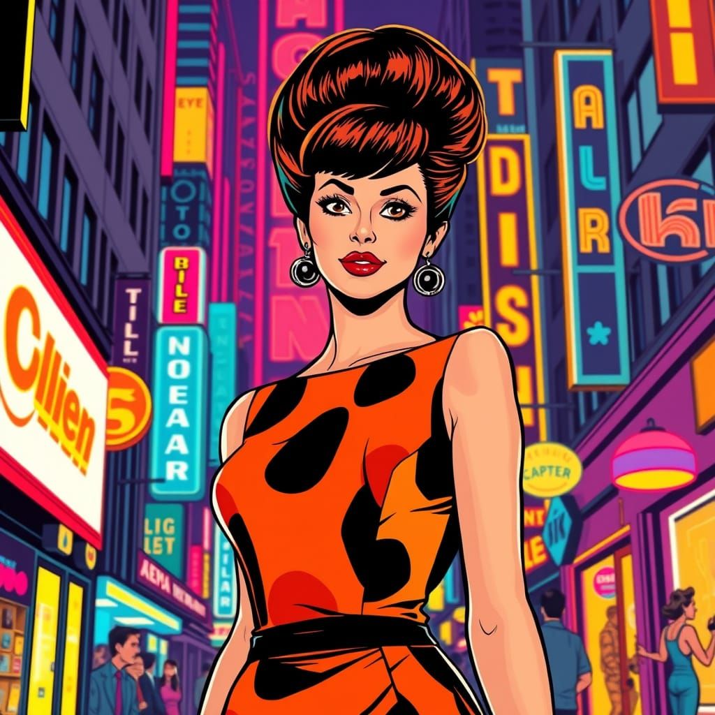 1960s Mod Woman with Beehive Hairstyle in Neon City