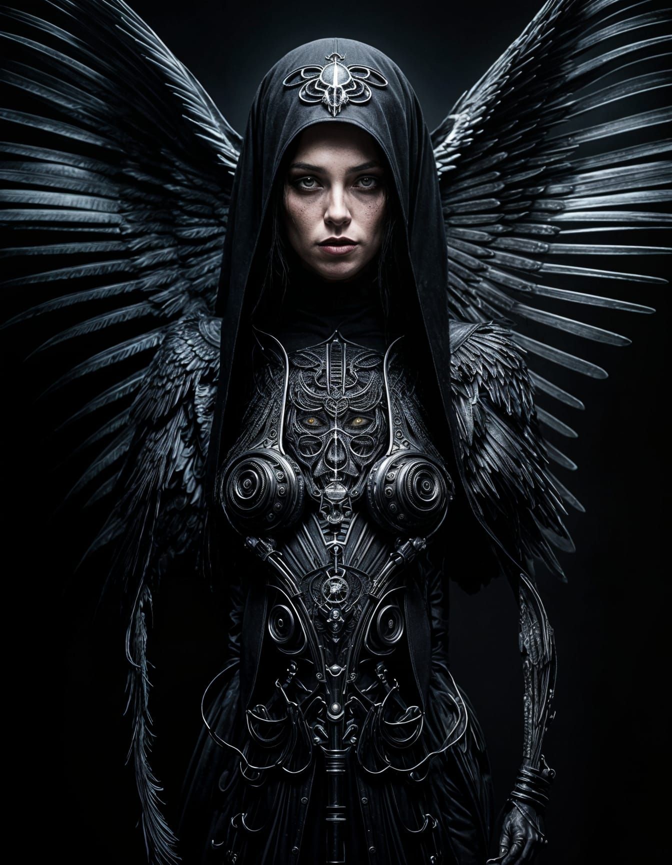 Futuristic Angel of Death Portrait in Black