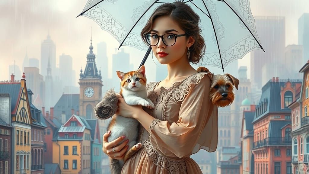 Elegant Woman Holds Kitten and Puppy in Rainy City