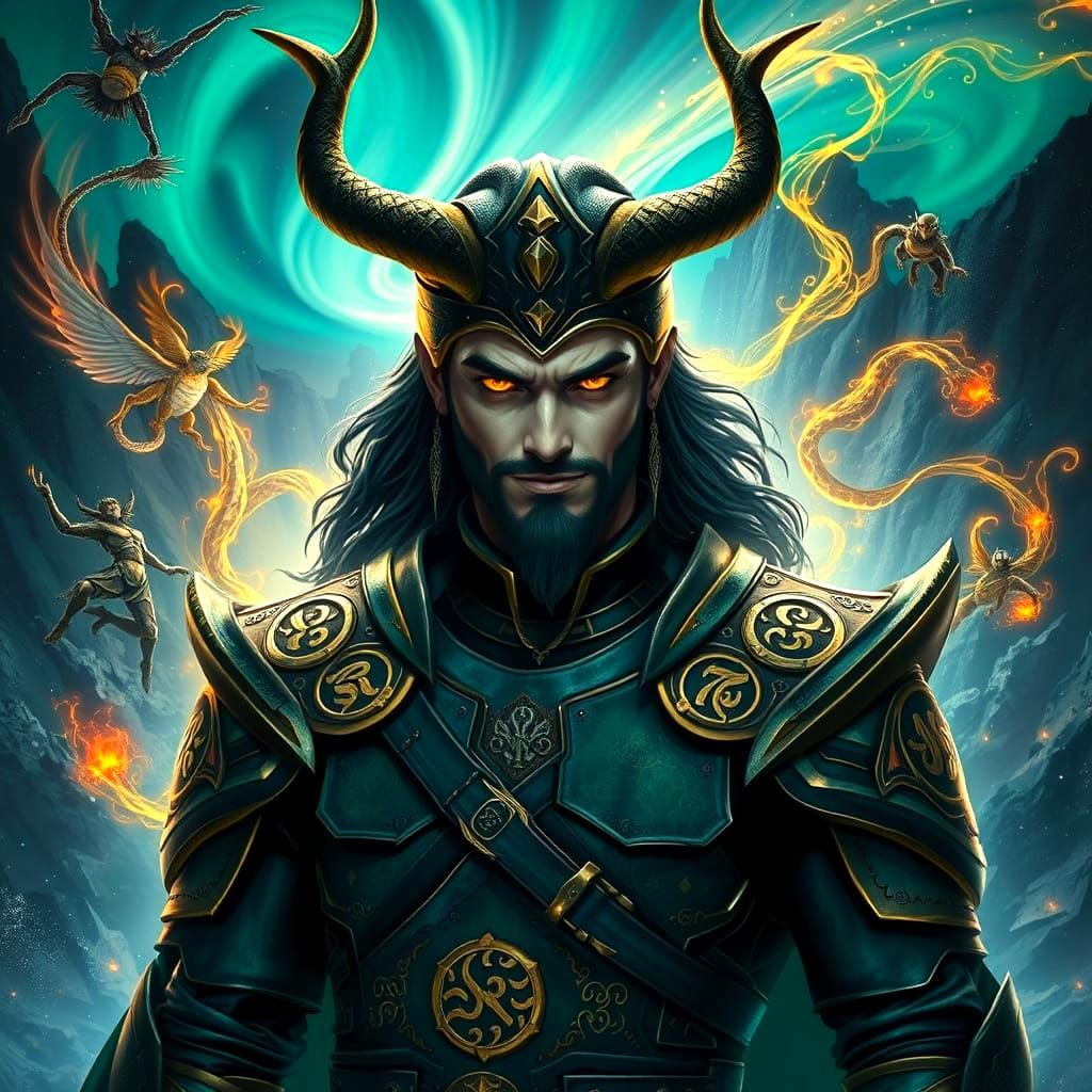 Norse God Loki in Mythological Storm of Magic