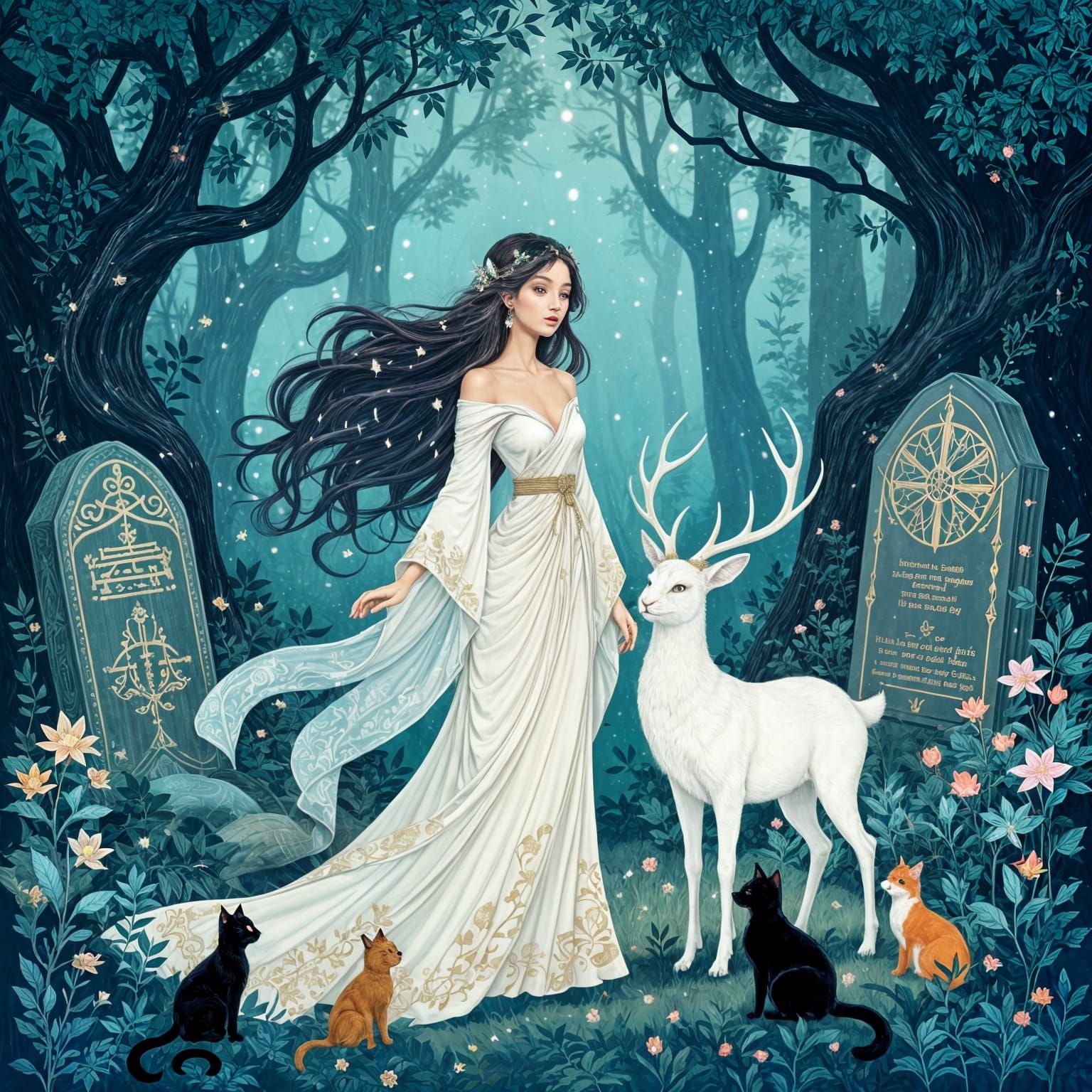 Starlight Woman in Bioluminescent Forest, Art Nouveau Style