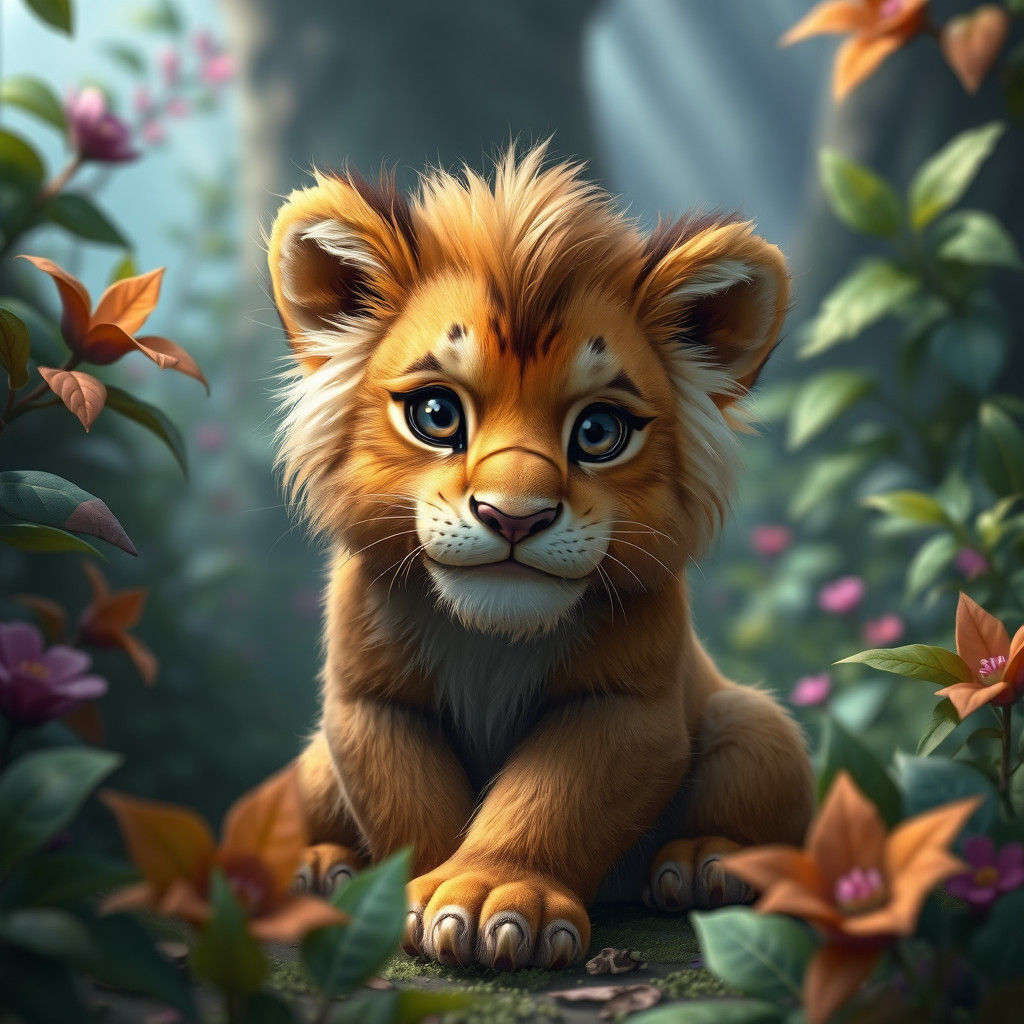 Enchanted Lion Cub in Mystical Forest