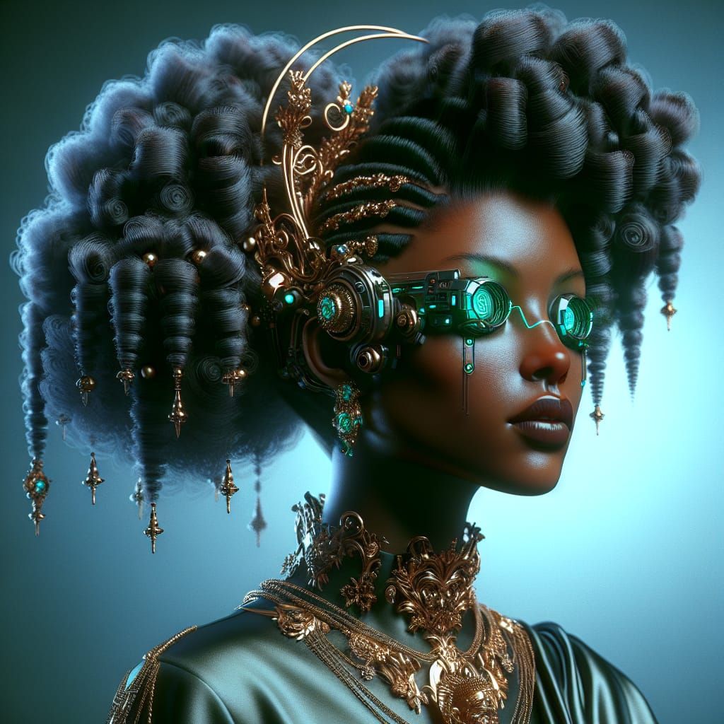 Cyberpunk Woman with Intricate Hairstyle and Baroque Jewelry