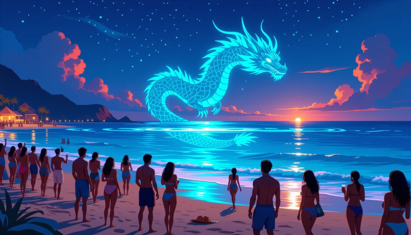 Night Beach Party with Bioluminescent Dragon