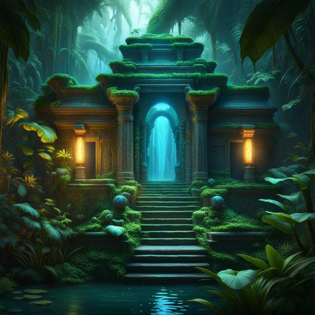 Bioluminescent Jungle Temple: A Fantasy Concept Art