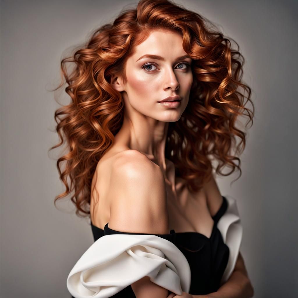 Elegant Portrait: Red Hair, Black Dress, White Background