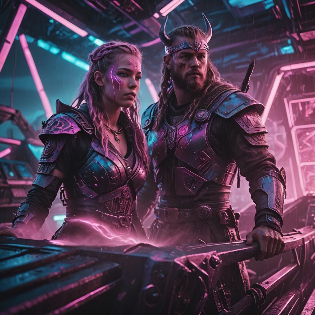 Cyberpunk Viking Longship in Futuristic Fjord