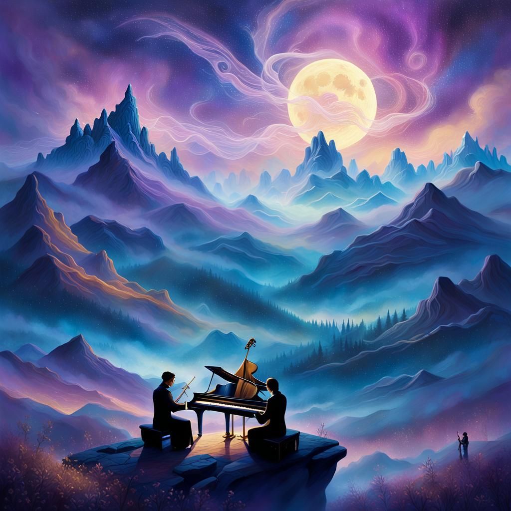 Ethereal Musicians Under Starlit Skies in Vibrant Nocturne