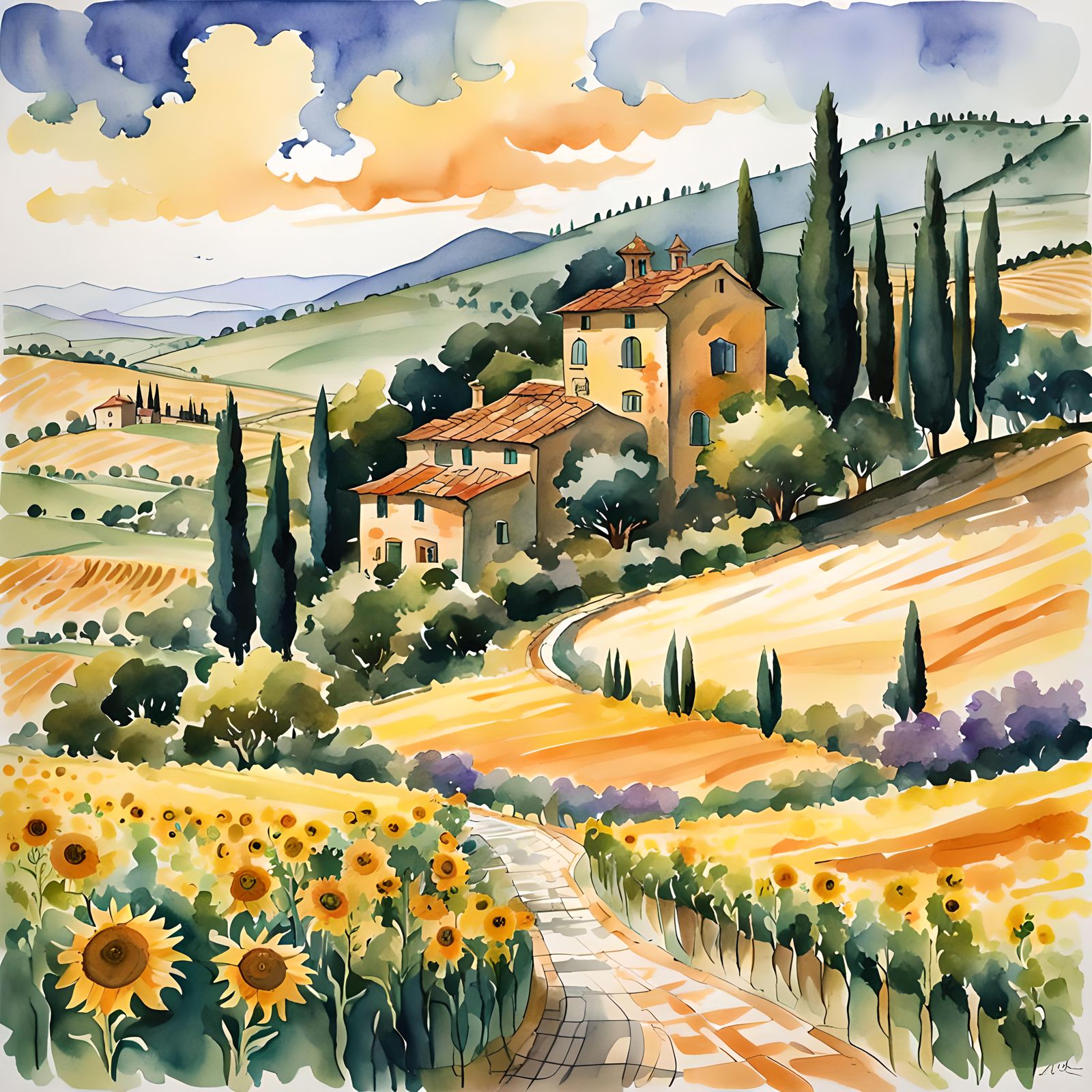 Tuscan Countryside at Sunset, Watercolor Illustration