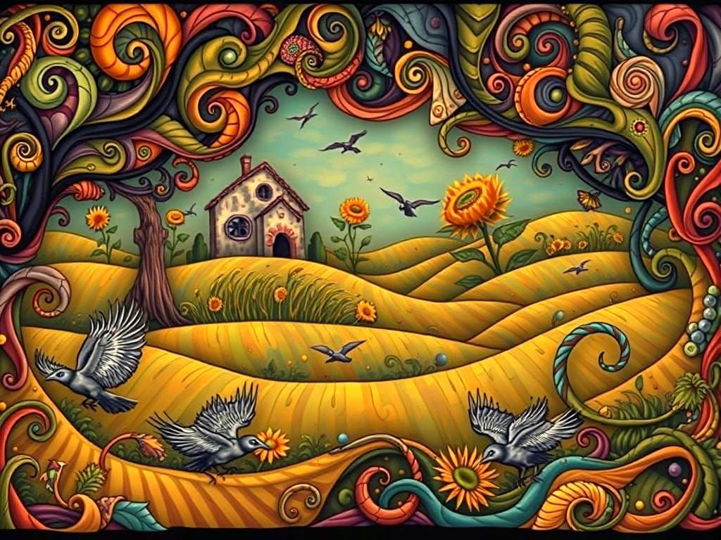 Vibrant Crows Landscape in Comic Book Art Style