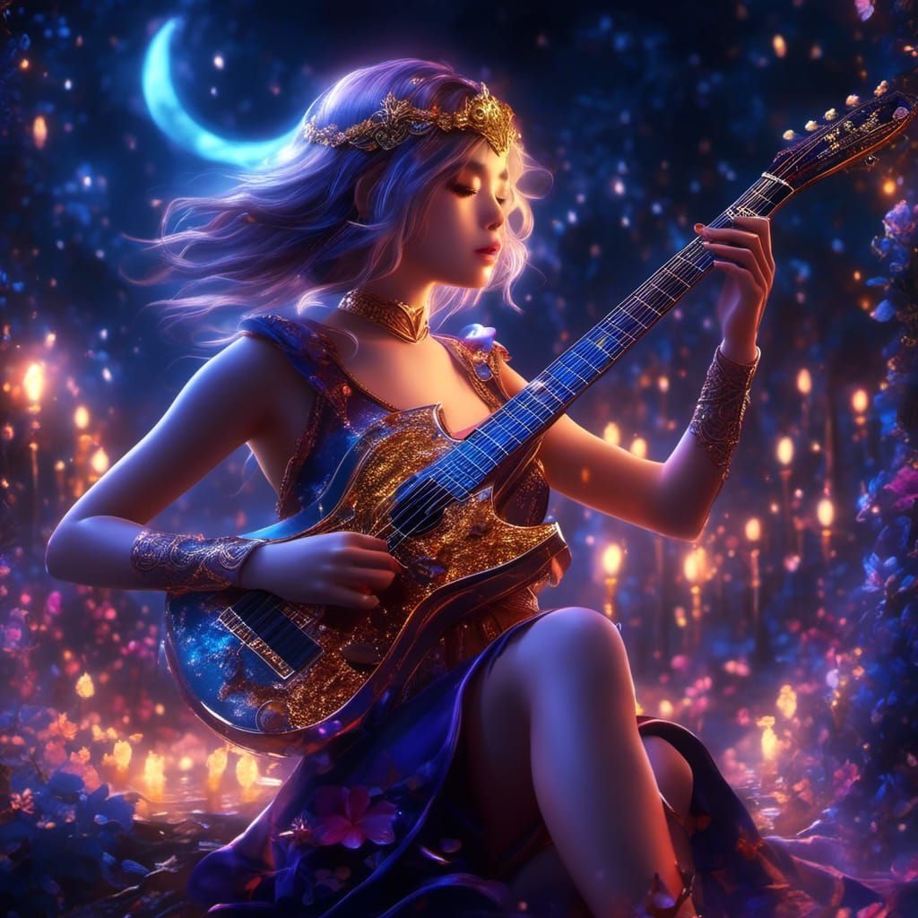 Mystical Watercolor: Girl Playing Guitar at Night