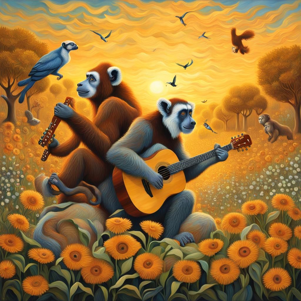 Lemur and Orangutan Musicians in Van Gogh Style