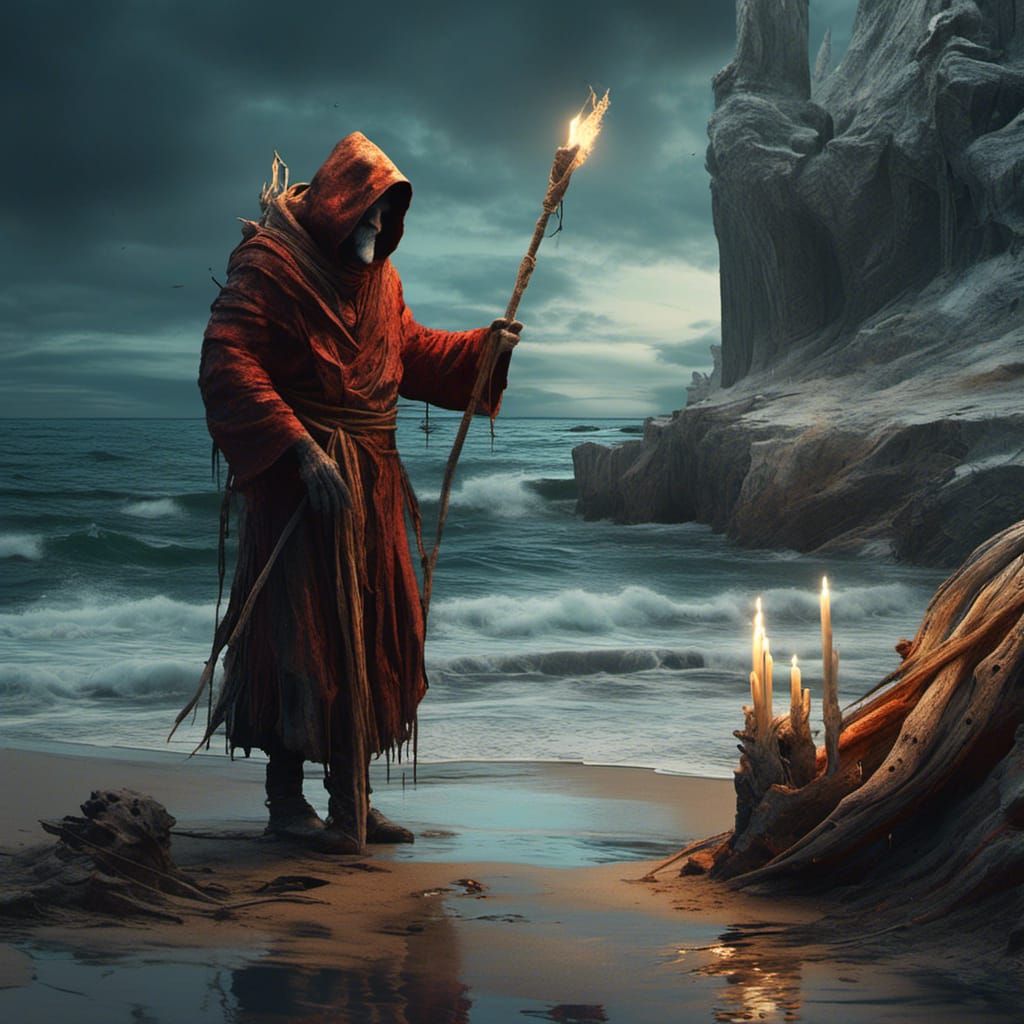 Monk with Walrus Tusks Walks Winter Shore