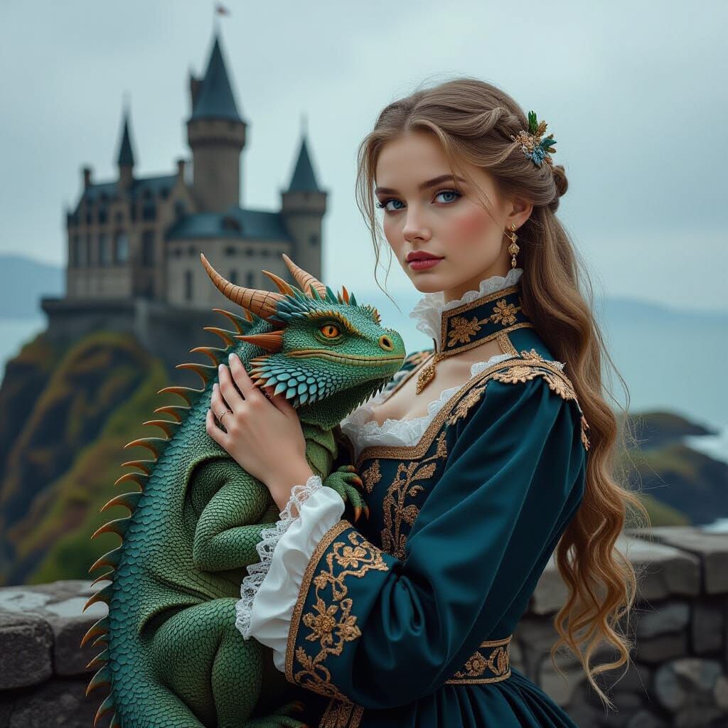 Woman with Dragon Before Castle, Photorealistic