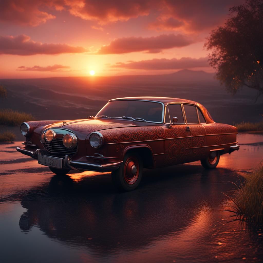 Car at Sunset: Detailed Matte Painting