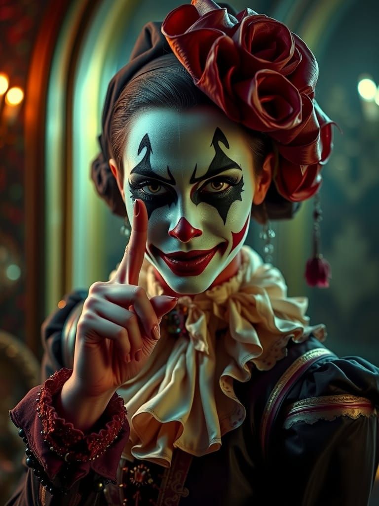 Sinister Harlequin Woman Commands Silence in Dark Cinematic ...