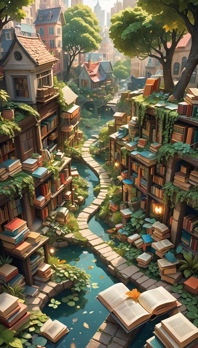 Whimsical Cityscape with Scattered Books, Anime Style