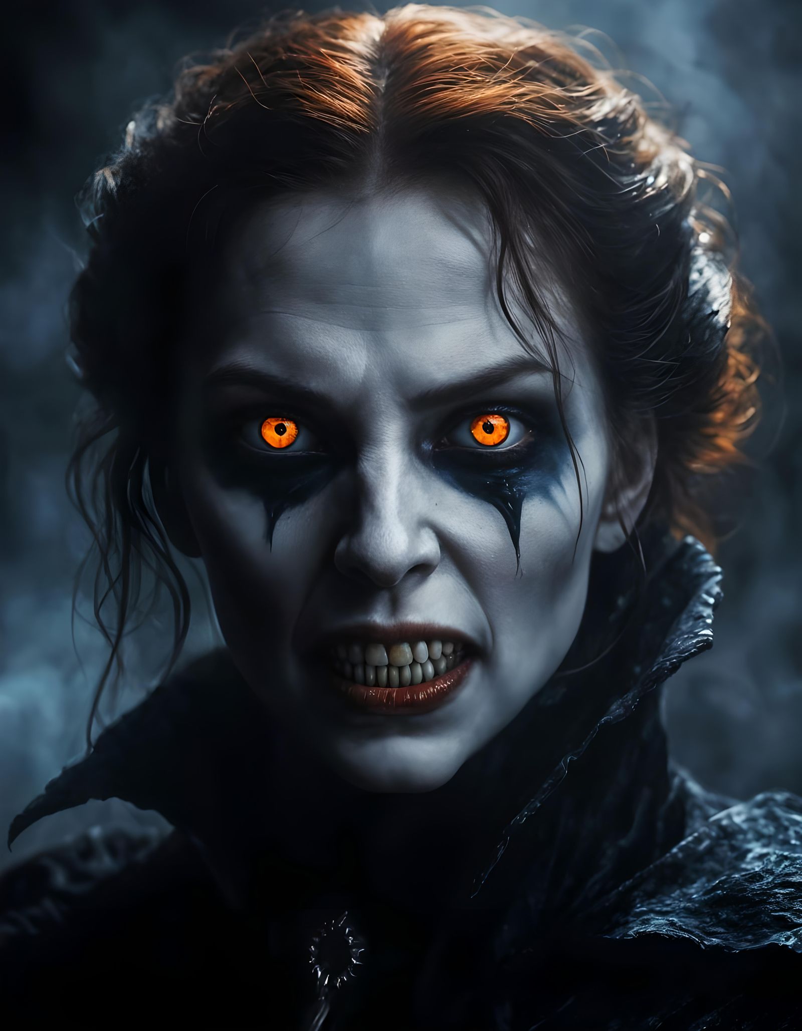 close up portrait of a Vampire women, orange eyes , scary lo...