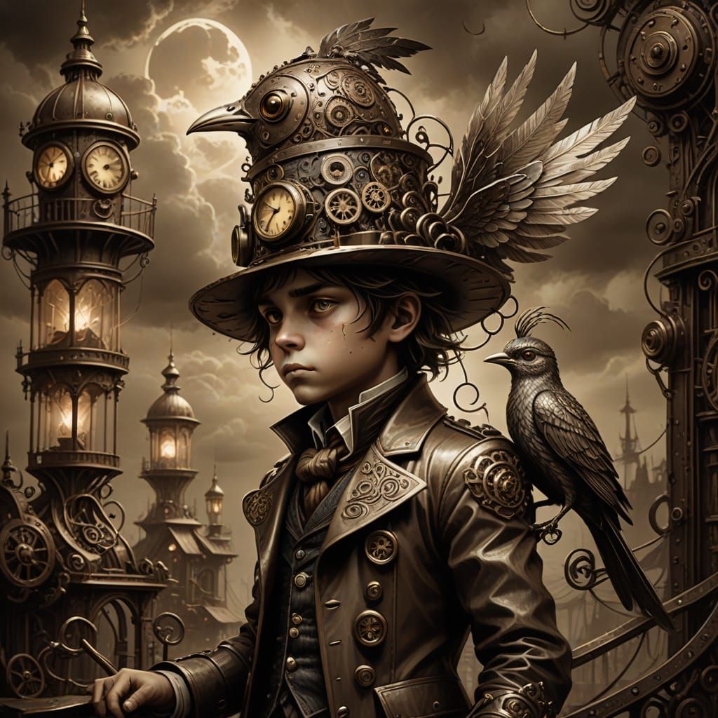Whimsical Child Rides Steampunk Bird in Stormy Skies