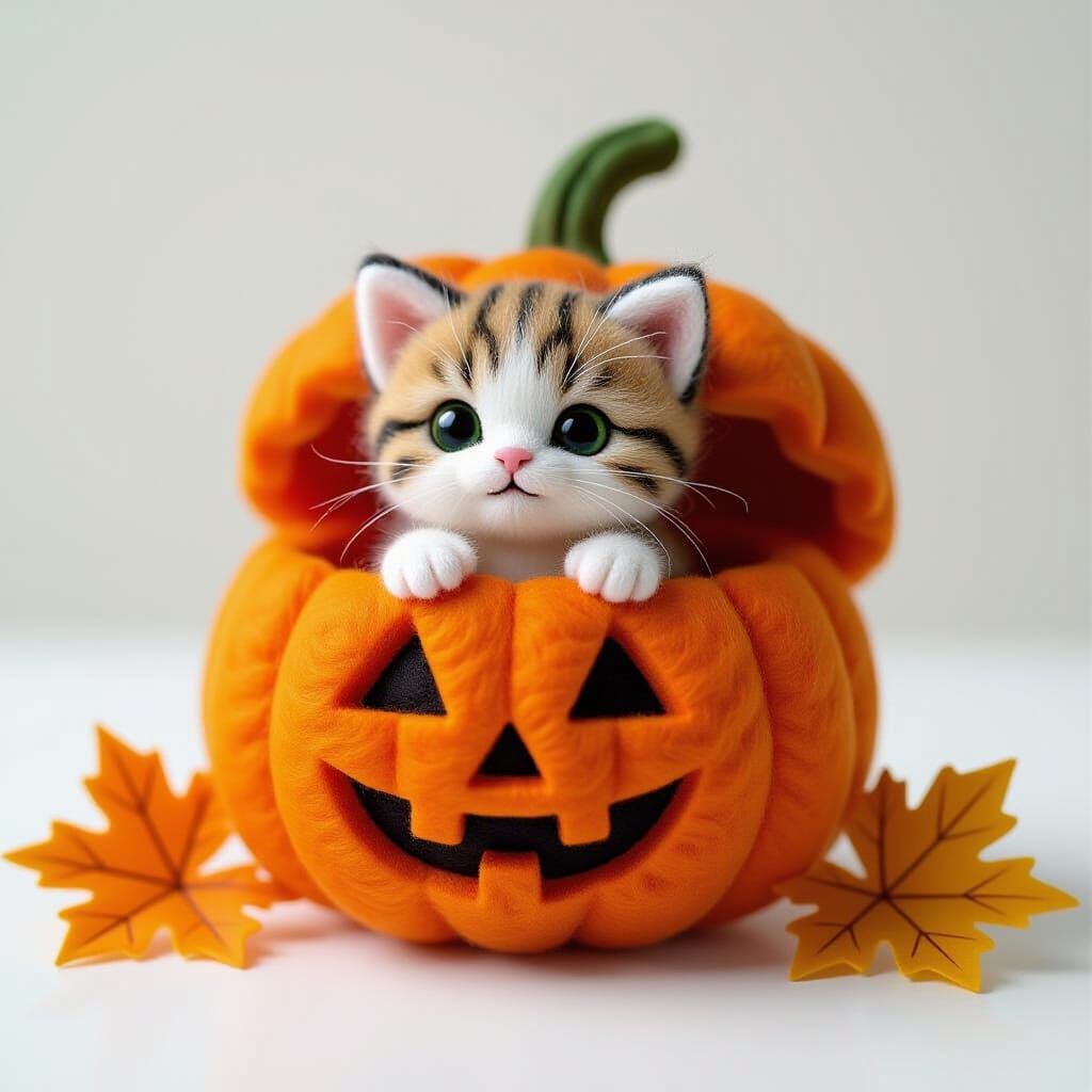Needle-Felted Kitten Peeking From Felt Pumpkin