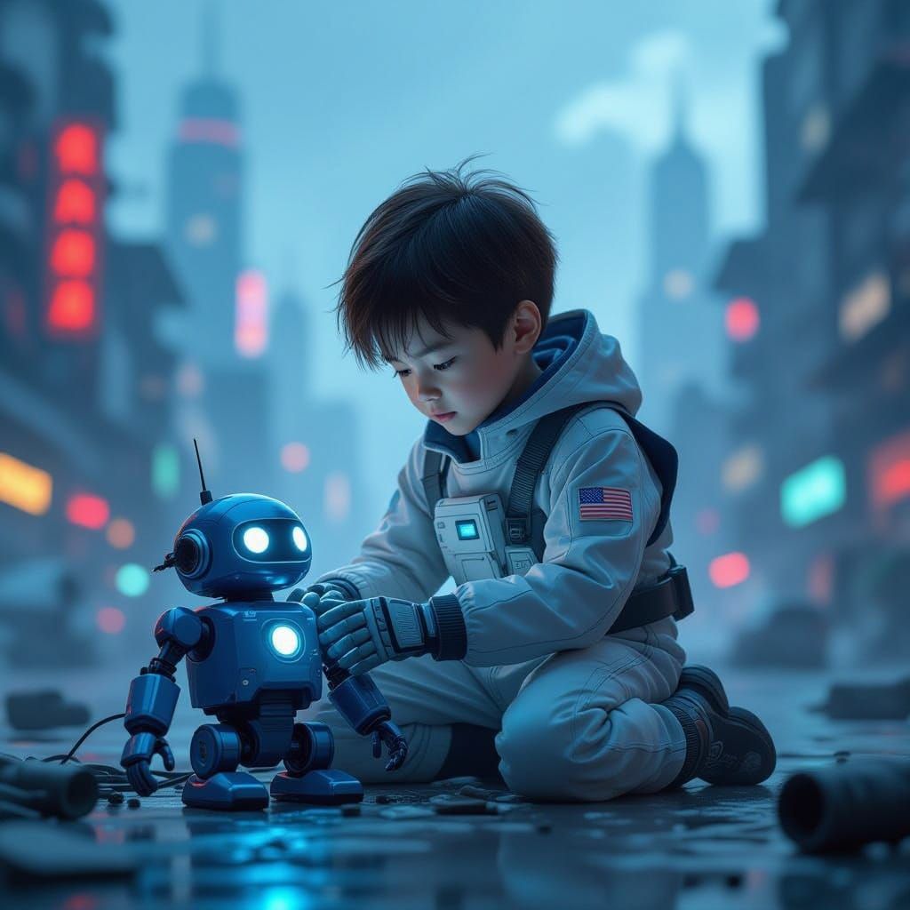 Boy Repairs Robot in Blurry Sci-Fi Cityscape