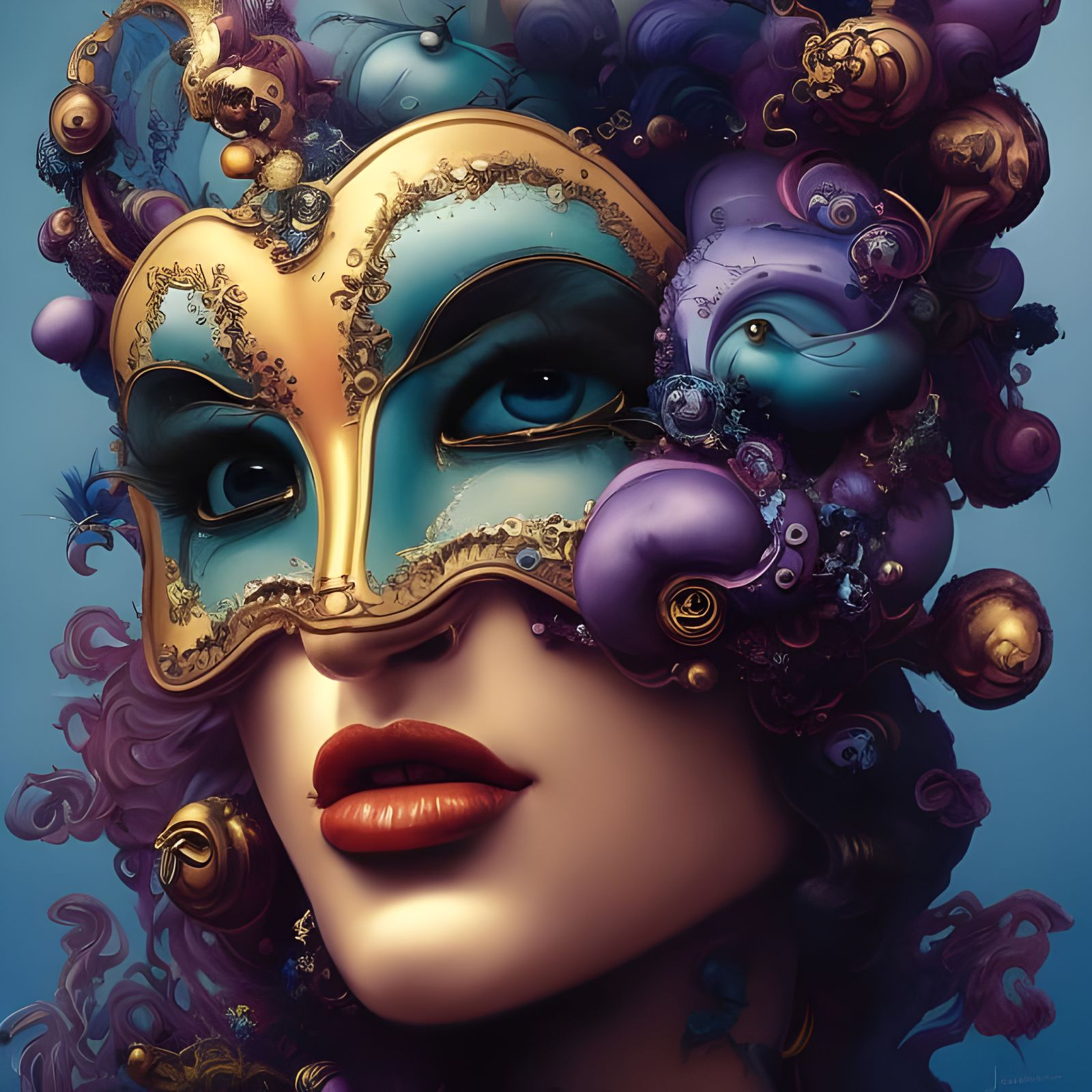 Woman with Venetian Mask in Detailed Pencil Sketch