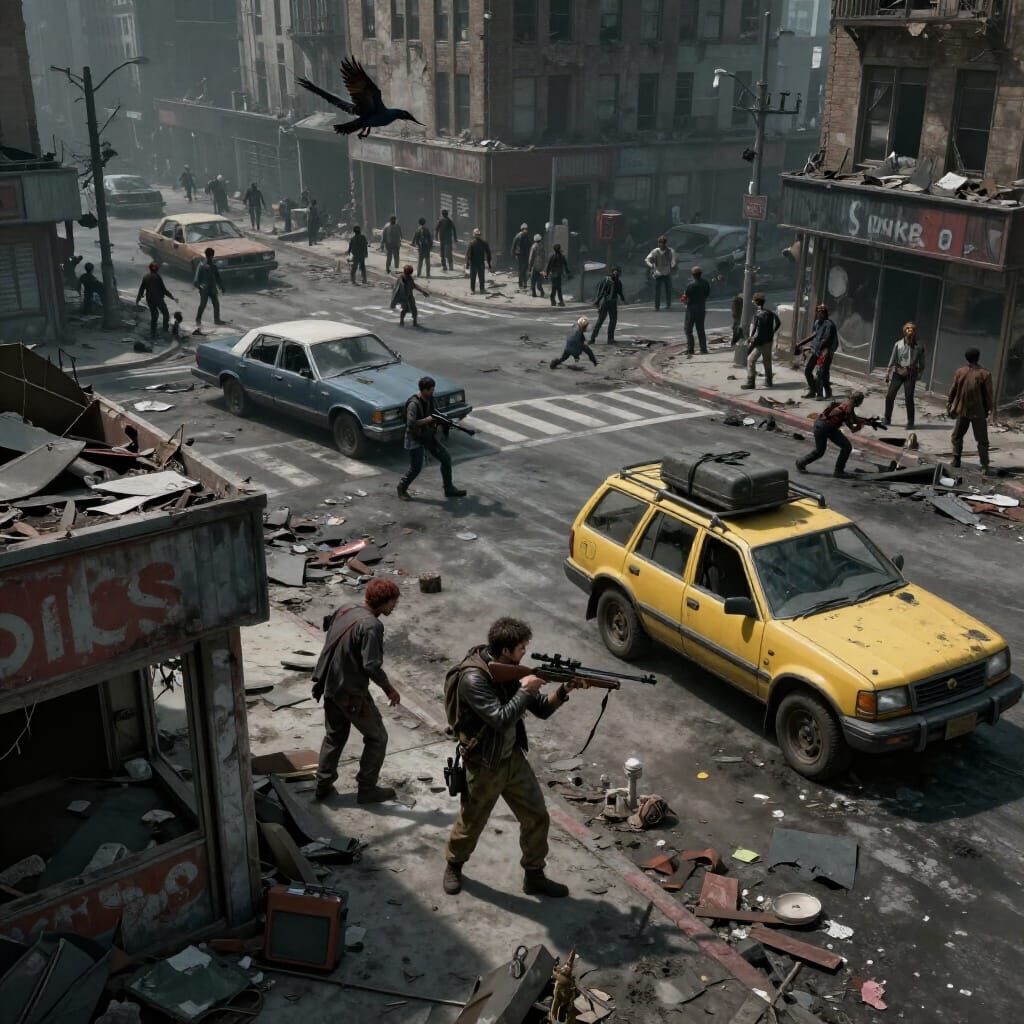 Post-Apocalyptic Survivor Aims Sniper Rifle in Ruined City