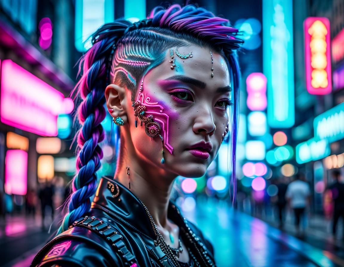 Cyberpunk Asian Woman Portrait in Hyperreal Style