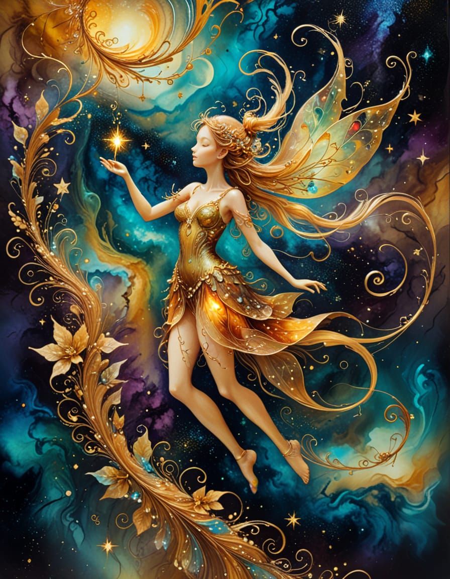 Surreal Fairy in Space with Golden Tendrils