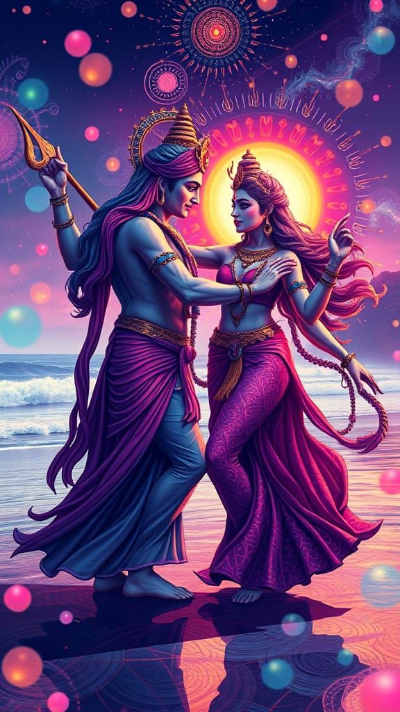Shiva and Parvati Dance on Anjuna Beach in Abstract Vector S...