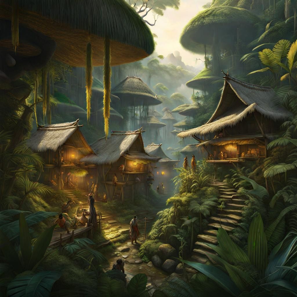 Hyperdetailed Jungle Village Scene in Golden Hour