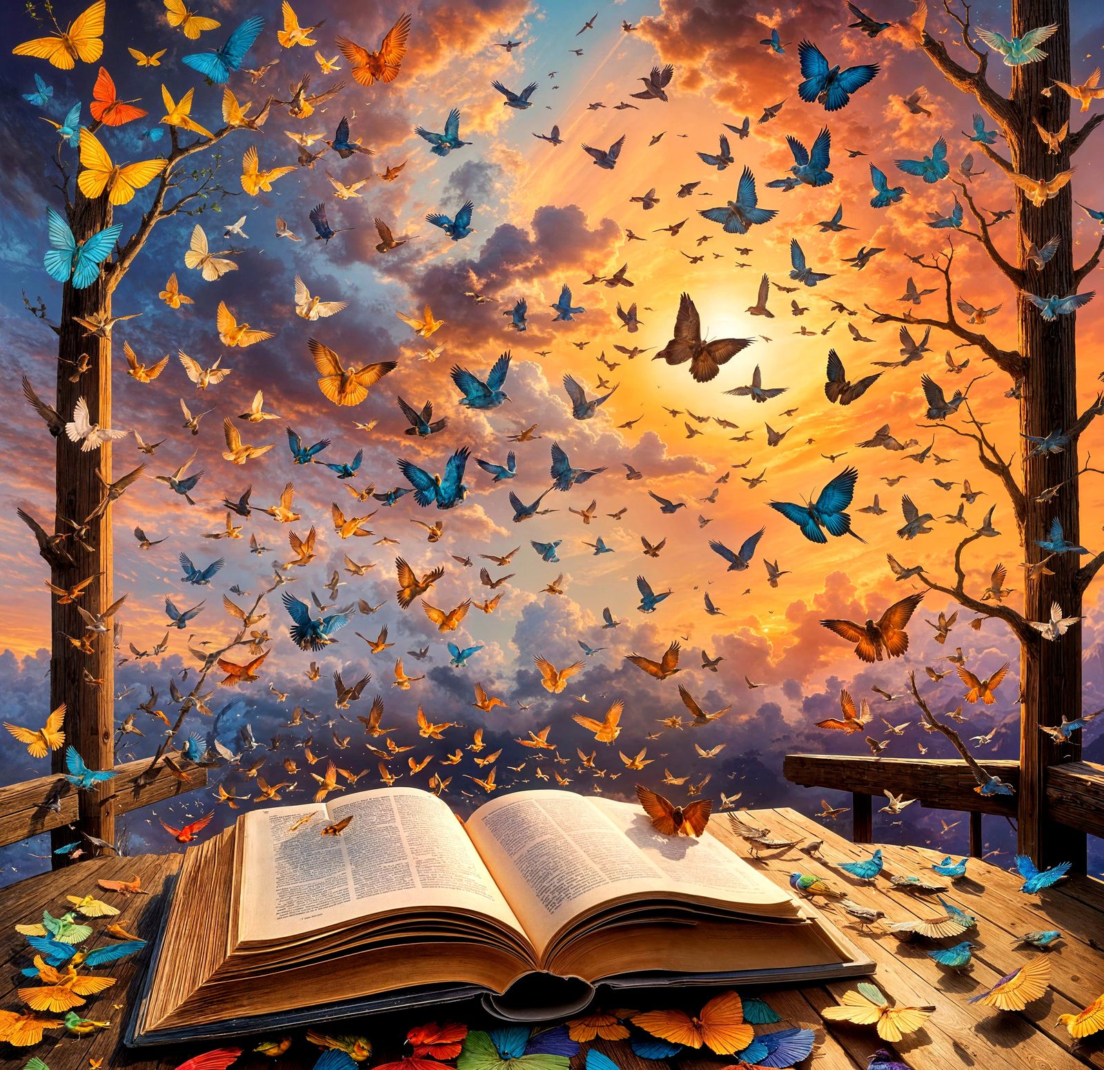 Birds Bursting from Book, Sunset Background