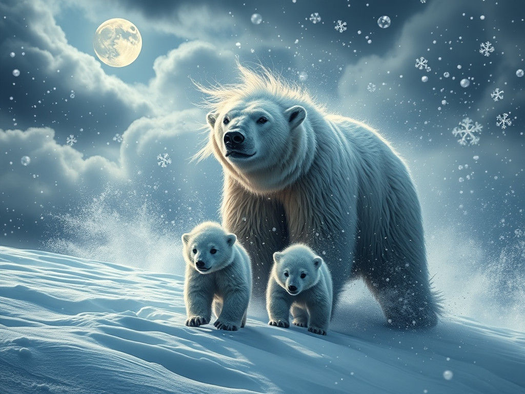Majestic Polar Bear Family in a Turbulent Snowstorm