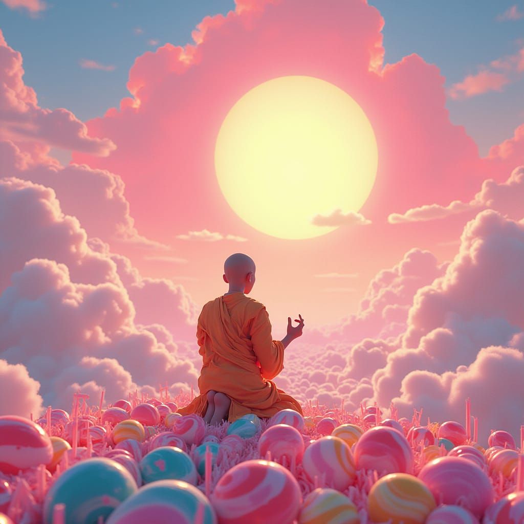 Monk Praying on Candyland Hill, Digital Illustration