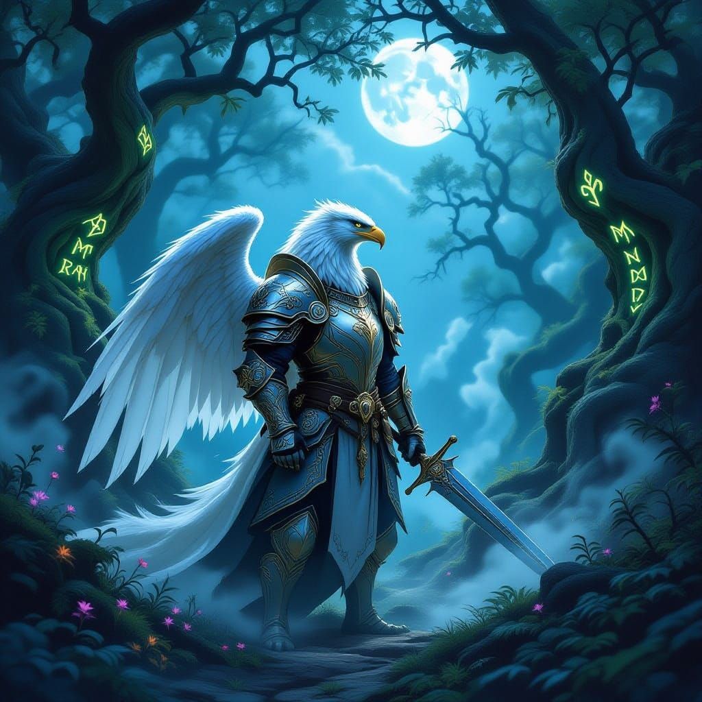 Griffin Knight Guards Mystical Forest Under Moonlight