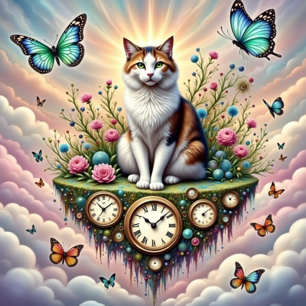 Regal Cat on Floating Island of Clocks in Pastel Haze