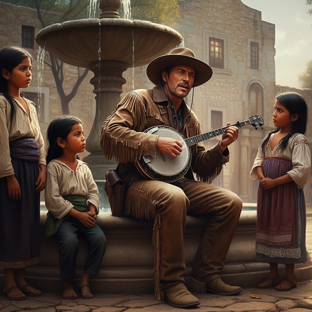A Handsome Frontiersman Plays the Banjo Outside the Alamo in...