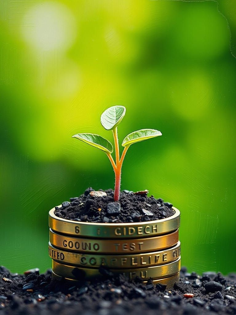 Surreal Landscape with Coin Grower and Blooming Seedling in....