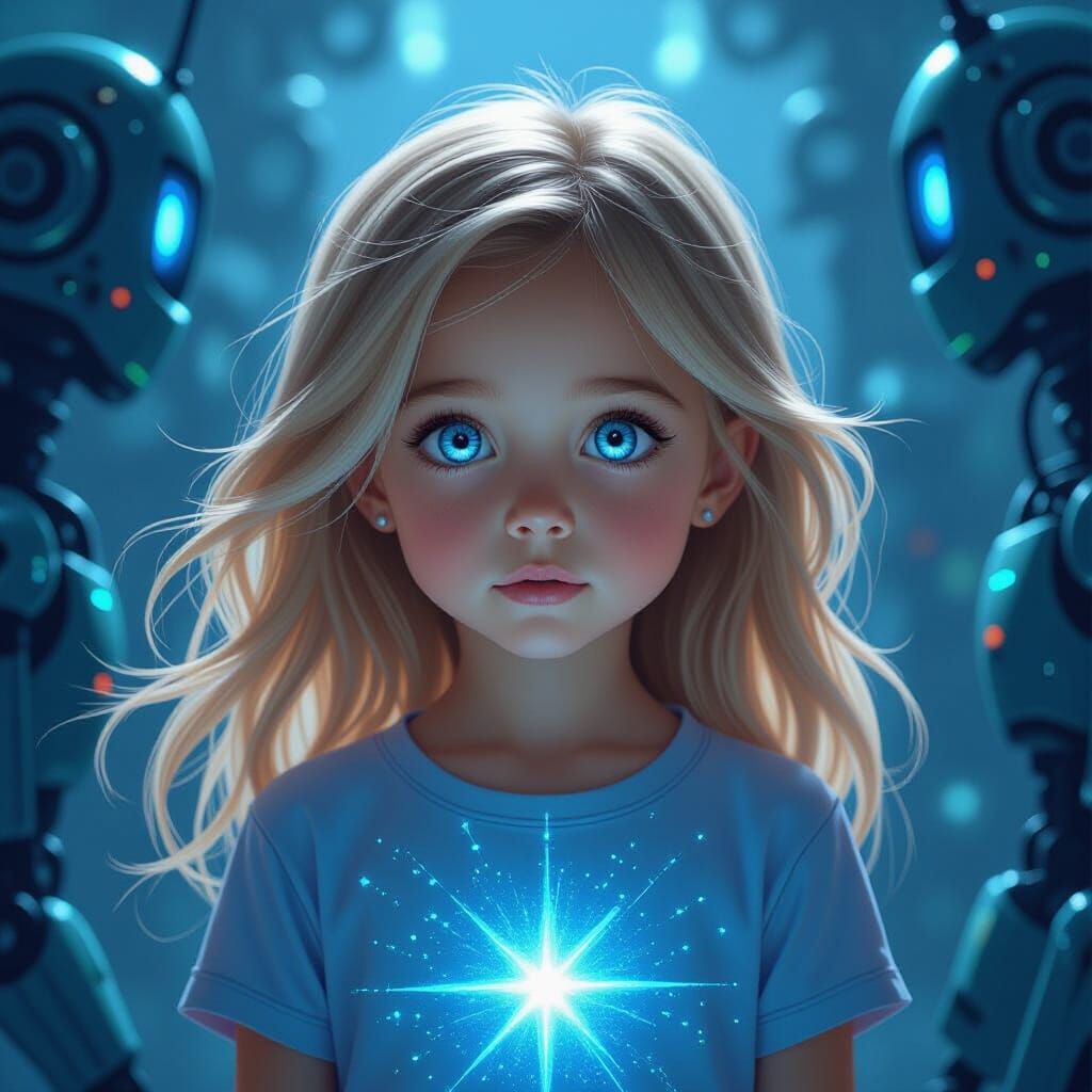 Girl with Glowing Eyes Before Enchanted Robot Wall