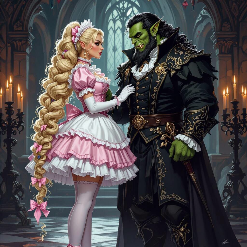 Orc King and French Maid in Gothic Castle