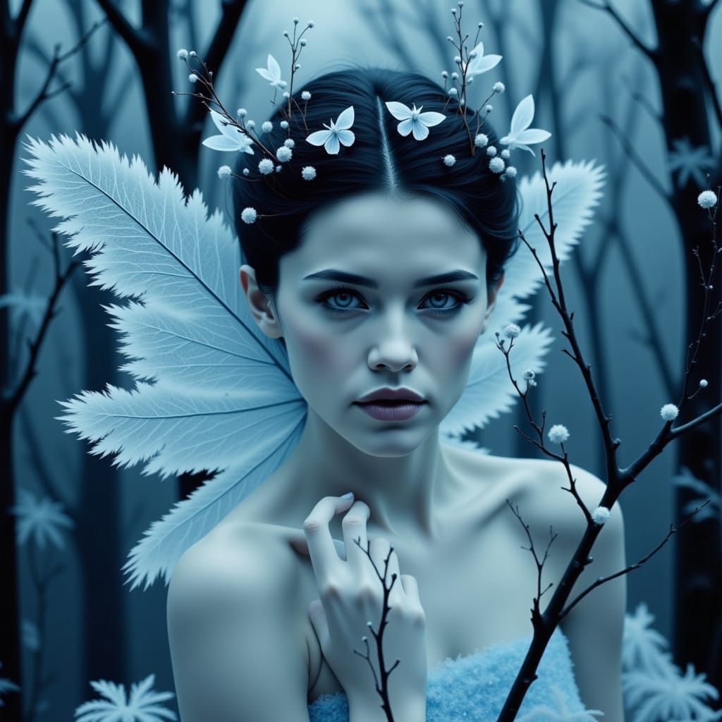 <lora:Frost:1.0> Infrared blue tinted cyan  black and white photography, Portrait of a fairy woman with Leaf butterfly w...