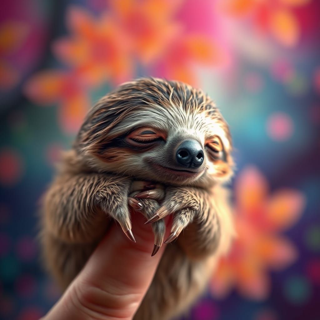 Hyperrealistic Sloth Perched on a Finger