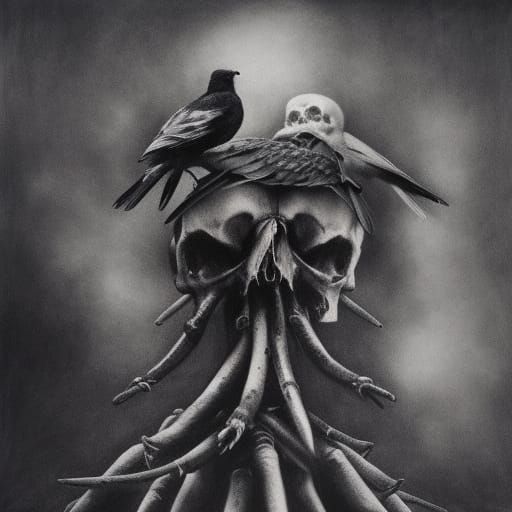 Sinister Bird on Skulls: Hyperdetailed Charcoal Drawing
