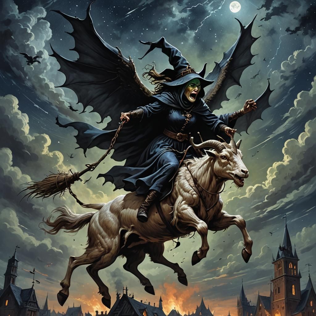 Medieval Witch Rides Goat Demon in Dark Sky