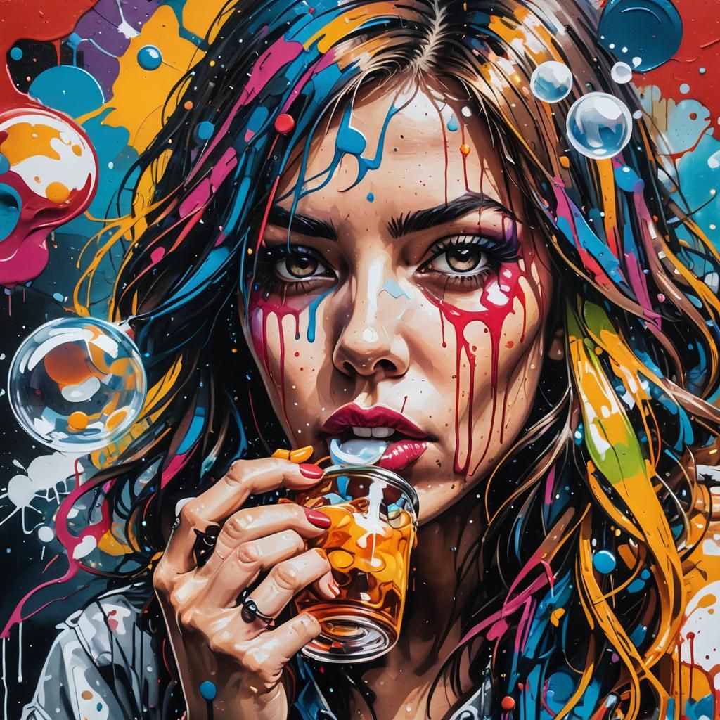 Colorful Graffiti Art Portrait of Woman with Soda