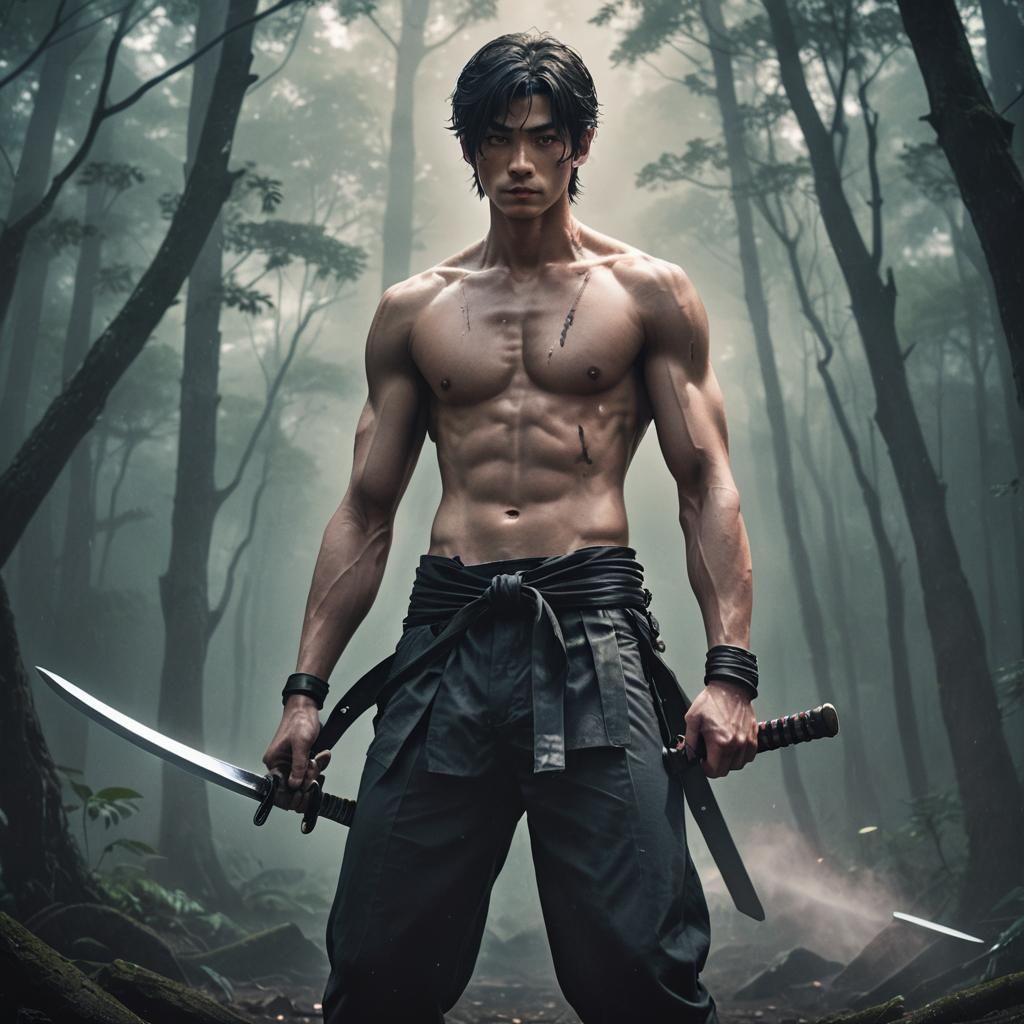 Manga Style Katana Wielder in Misty Forest