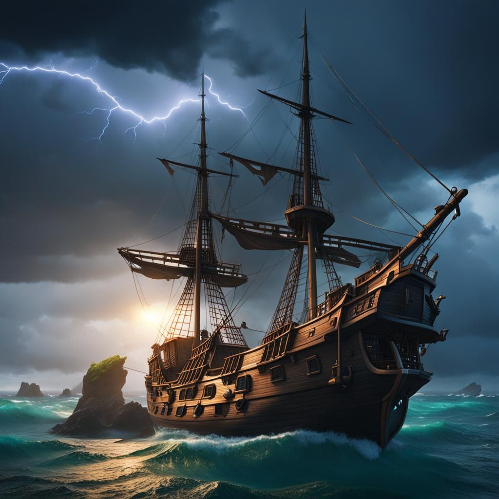 Ghibli Pirate Ship on Stormy Seas