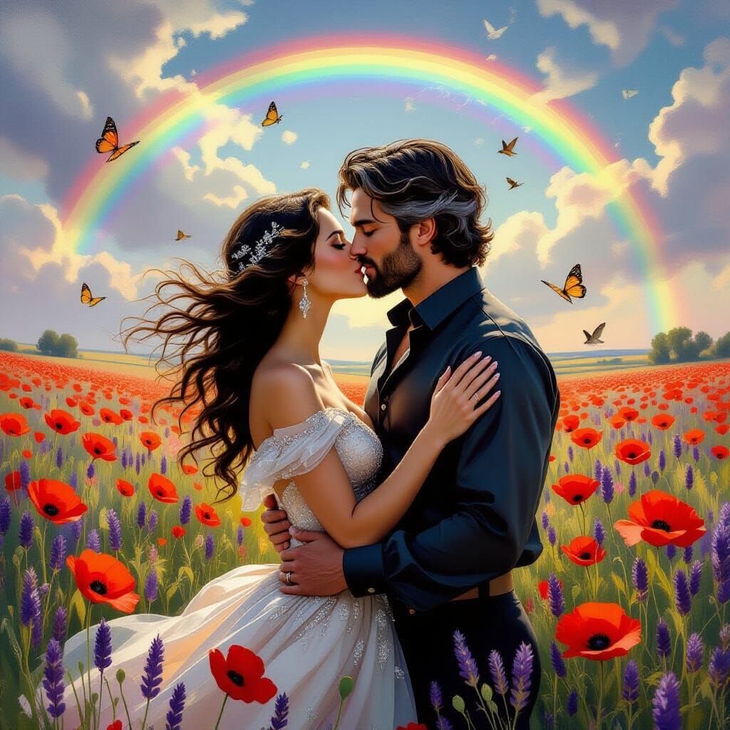 Passionate Couple Kissing Under Rainbow Oil Painting